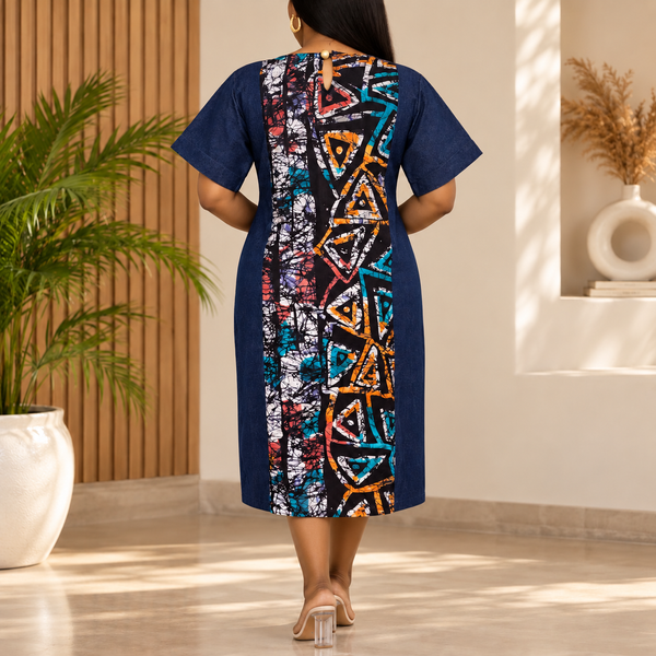 Grace Kpou Denim Ankara Midi Dress