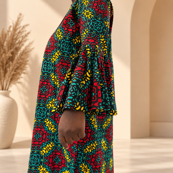 Grace Kpou Teal & Crimson Geometric Bell-Sleeve Midi Dress