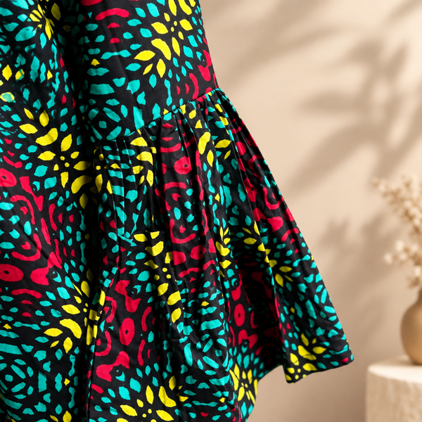 Grace Kpou Teal & Crimson Geometric Bell-Sleeve Midi Dress